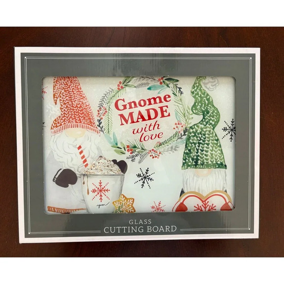 Gnome Made With Love Glass Cutting Board Christmas Holiday Gift NWT - Picture 3 of 4